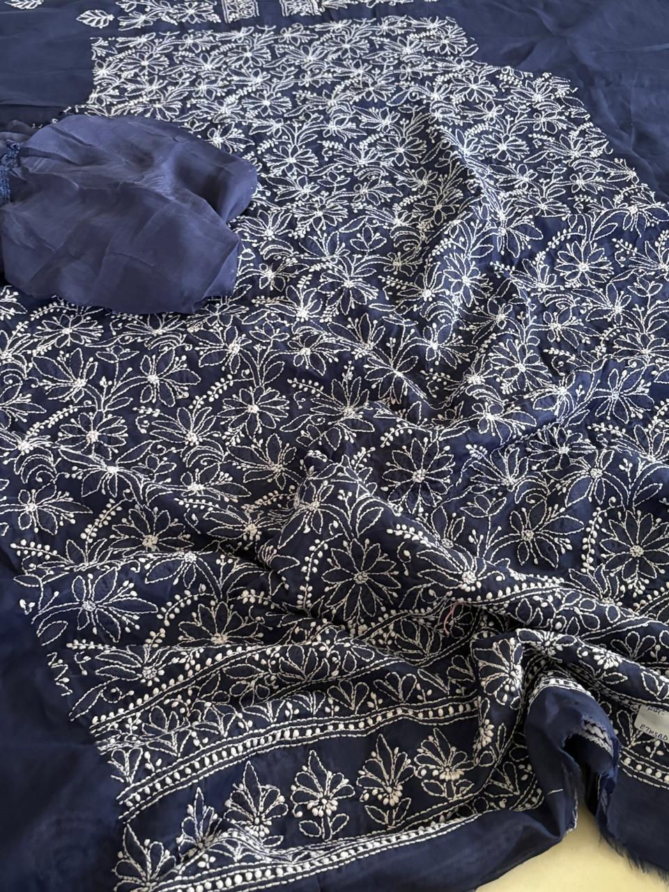 Chikankari Cotton Hand Embroidered 3 piece Suit - Navy Blue