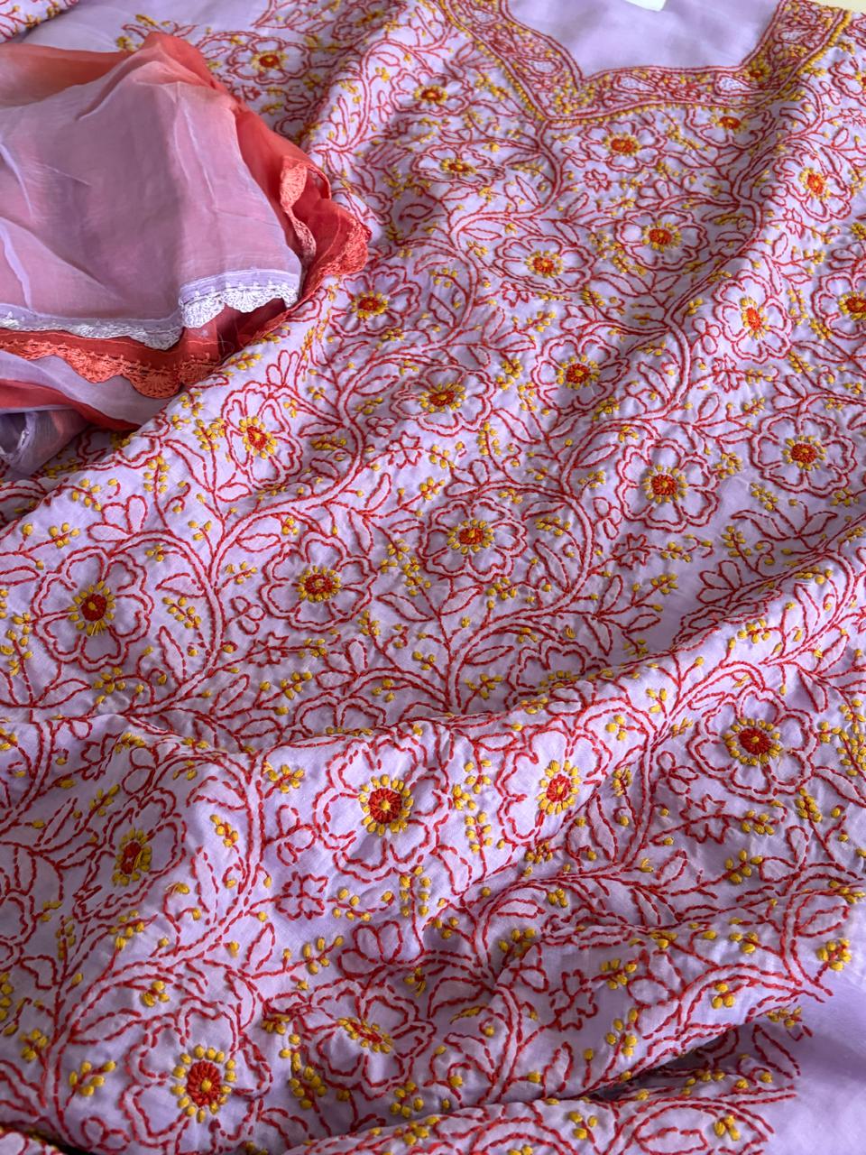 Chikankari Cotton Hand Embroidered 3 piece Suit - Purple