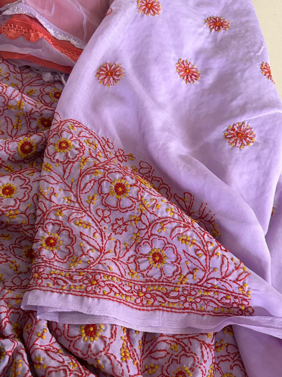 Chikankari Cotton Hand Embroidered 3 piece Suit - Purple