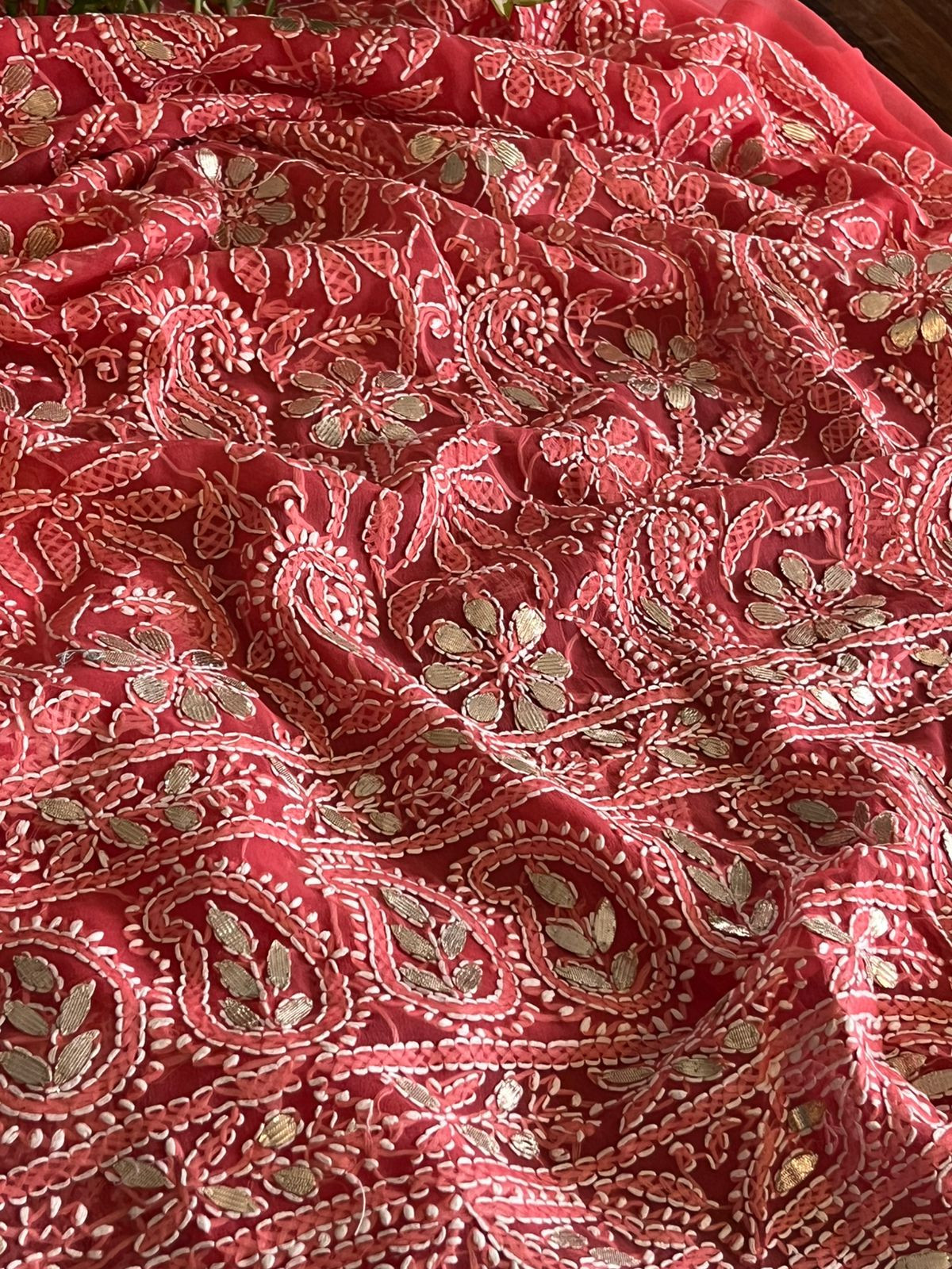 Chikankari Hand Embroidered Georgette Kurta With Gotta Patti Work - Tomato Red