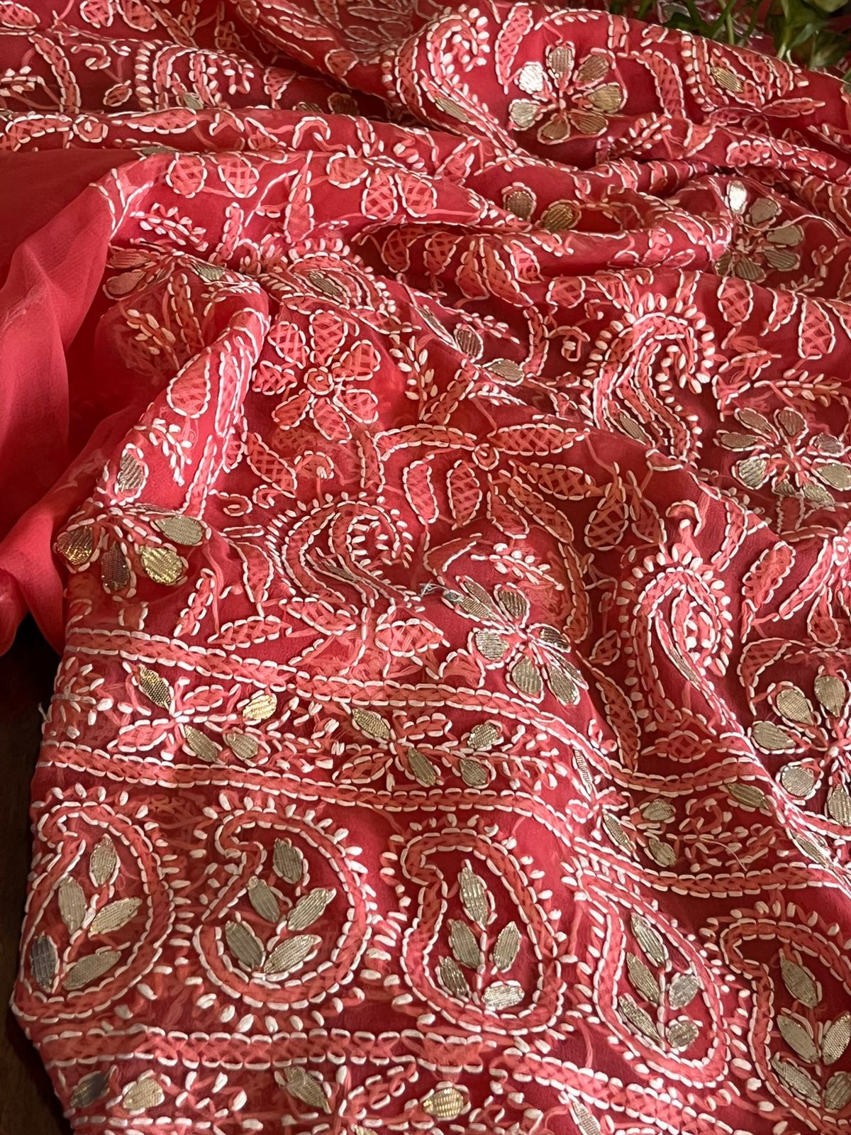 Chikankari Hand Embroidered Georgette Kurta With Gotta Patti Work - Tomato Red