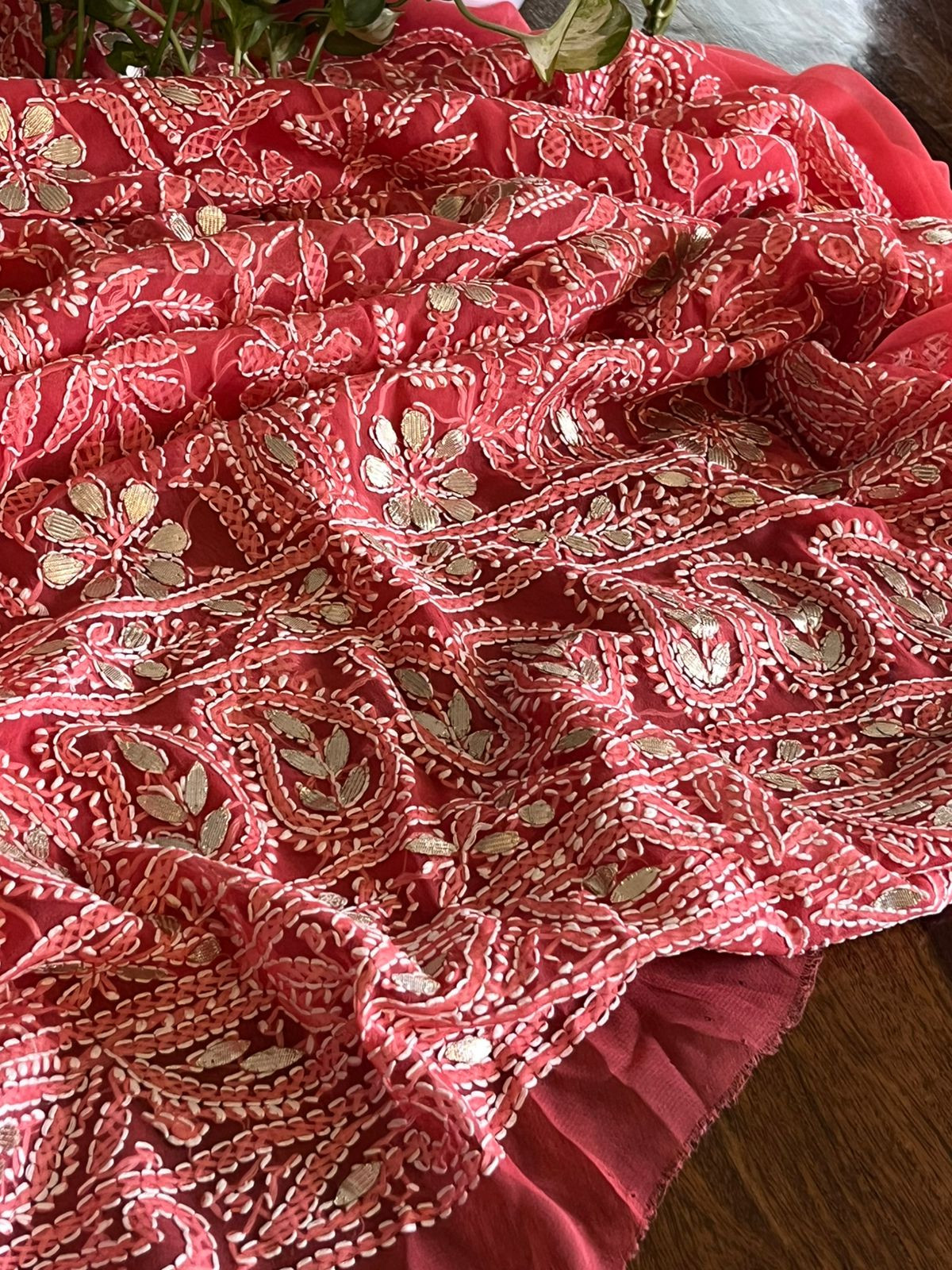 Chikankari Hand Embroidered Georgette Kurta With Gotta Patti Work - Tomato Red