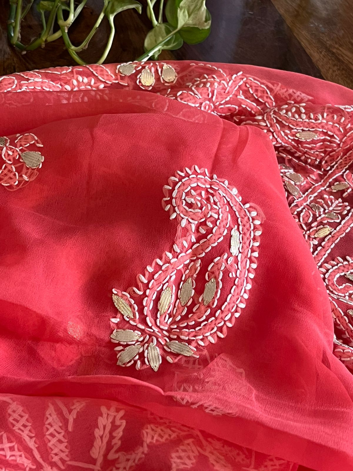 Chikankari Hand Embroidered Georgette Kurta With Gotta Patti Work - Tomato Red