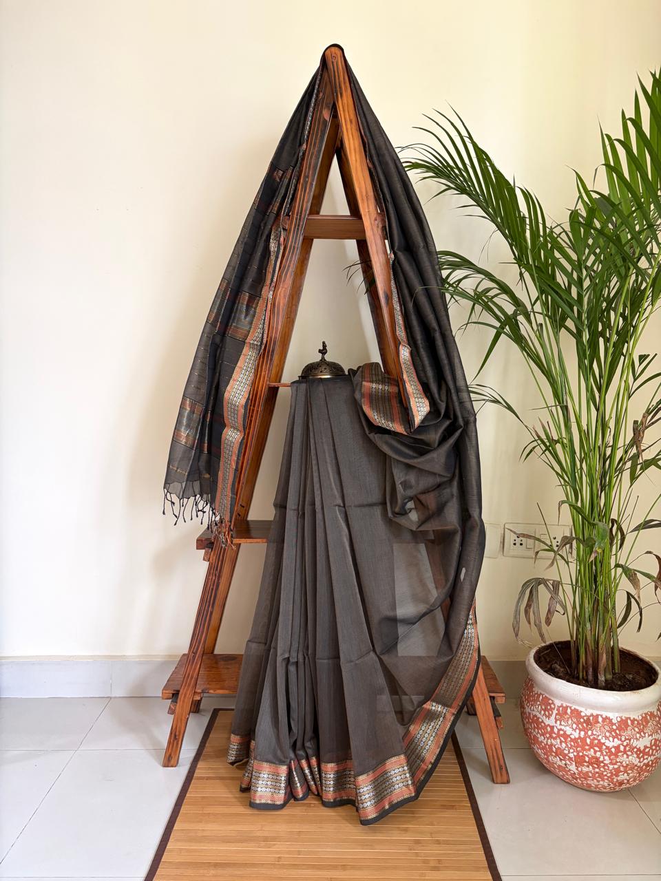 Pure Handwoven Maheshwari Saree - Charcoal Black with Copper Orange Gold Accents Authentic Artisan Woven