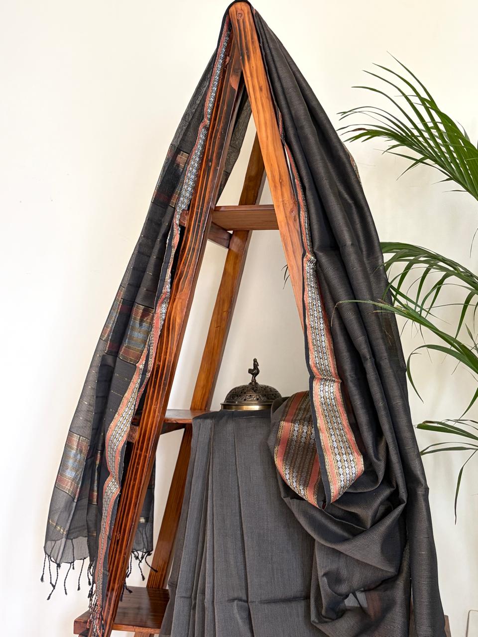 Pure Handwoven Maheshwari Saree - Charcoal Black with Copper Orange Gold Accents Authentic Artisan Woven