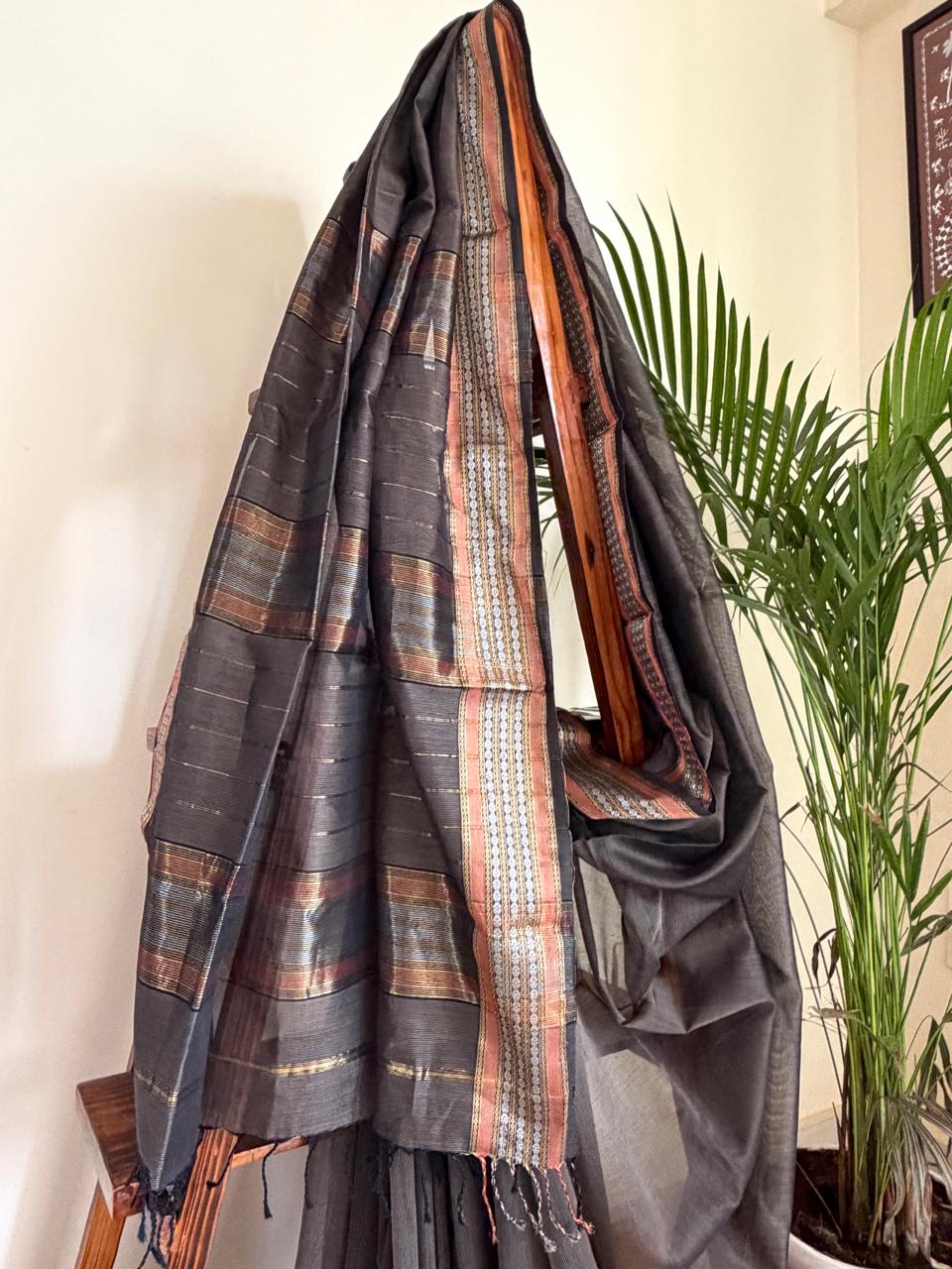 Pure Handwoven Maheshwari Saree - Charcoal Black with Copper Orange Gold Accents Authentic Artisan Woven