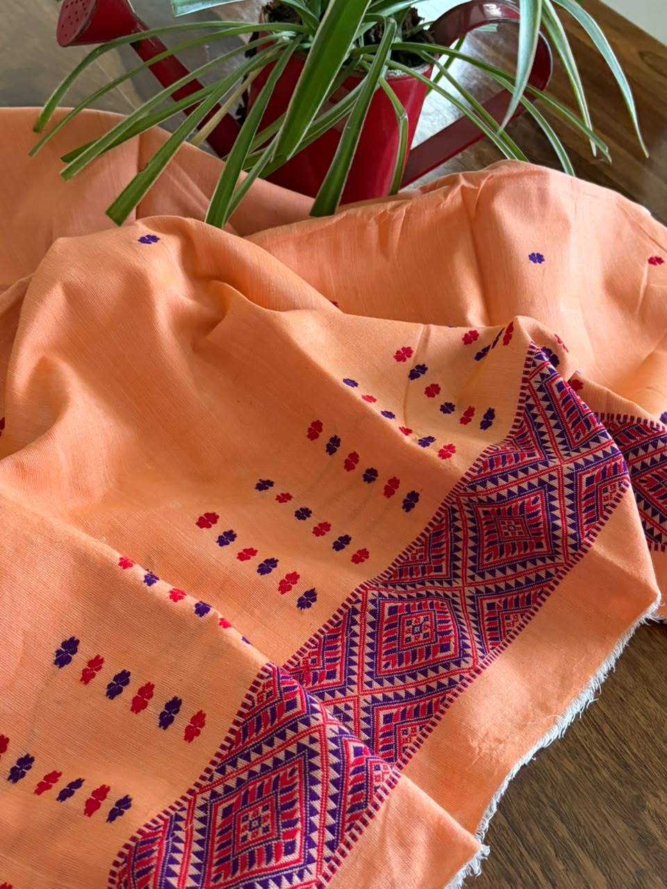 Handwoven Pure Cotton Kurta material from Assam - Orange