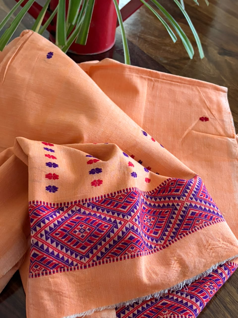 Handwoven Pure Cotton Kurta material from Assam - Orange