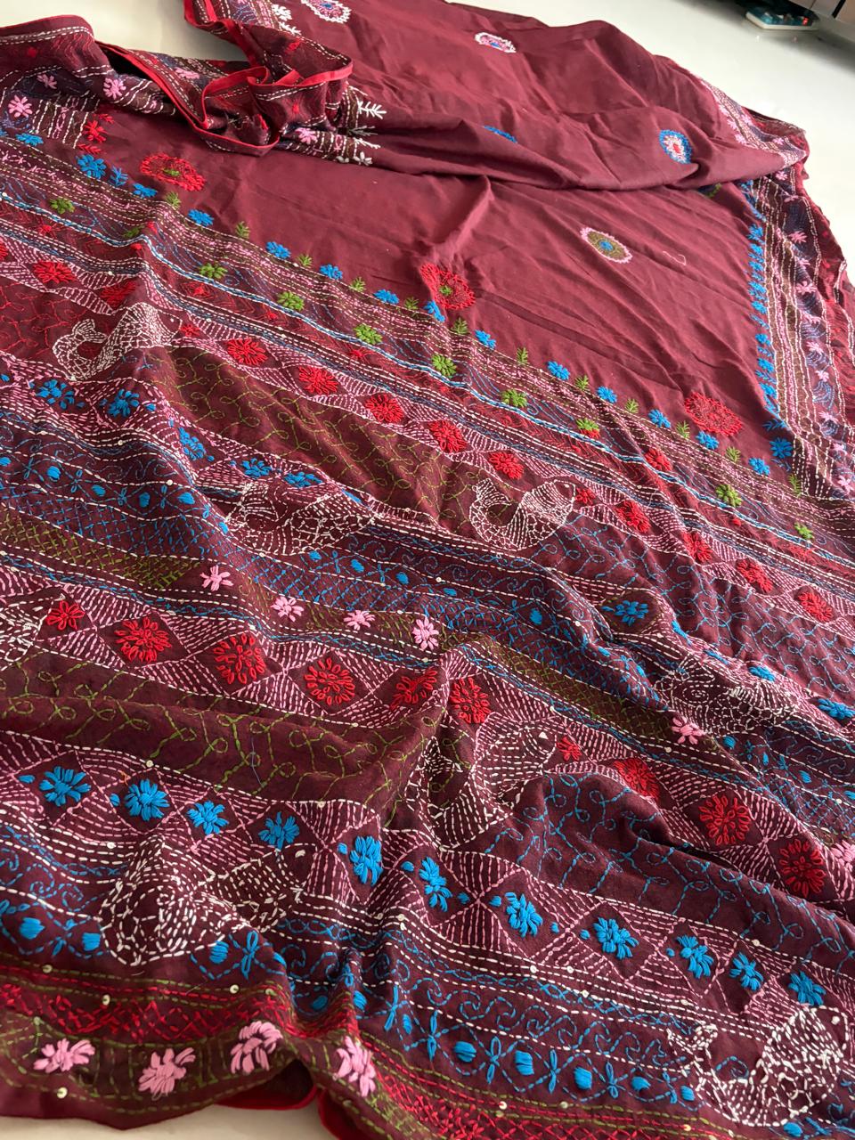 100 Cotton Lambani Inspired Embroidered Saree Brown