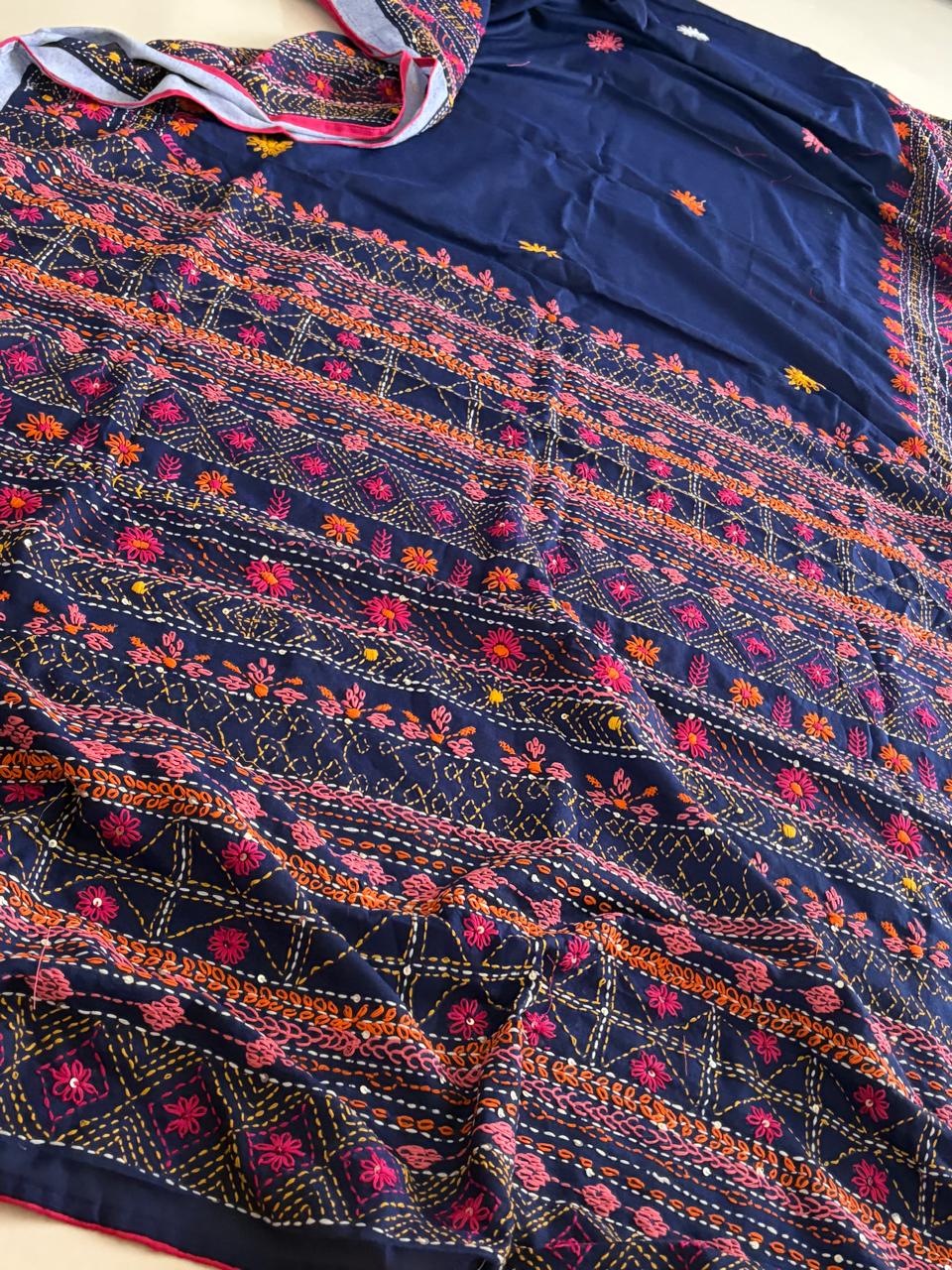 100 Cotton Lambani Inspired Embroidered Saree Navy Blue