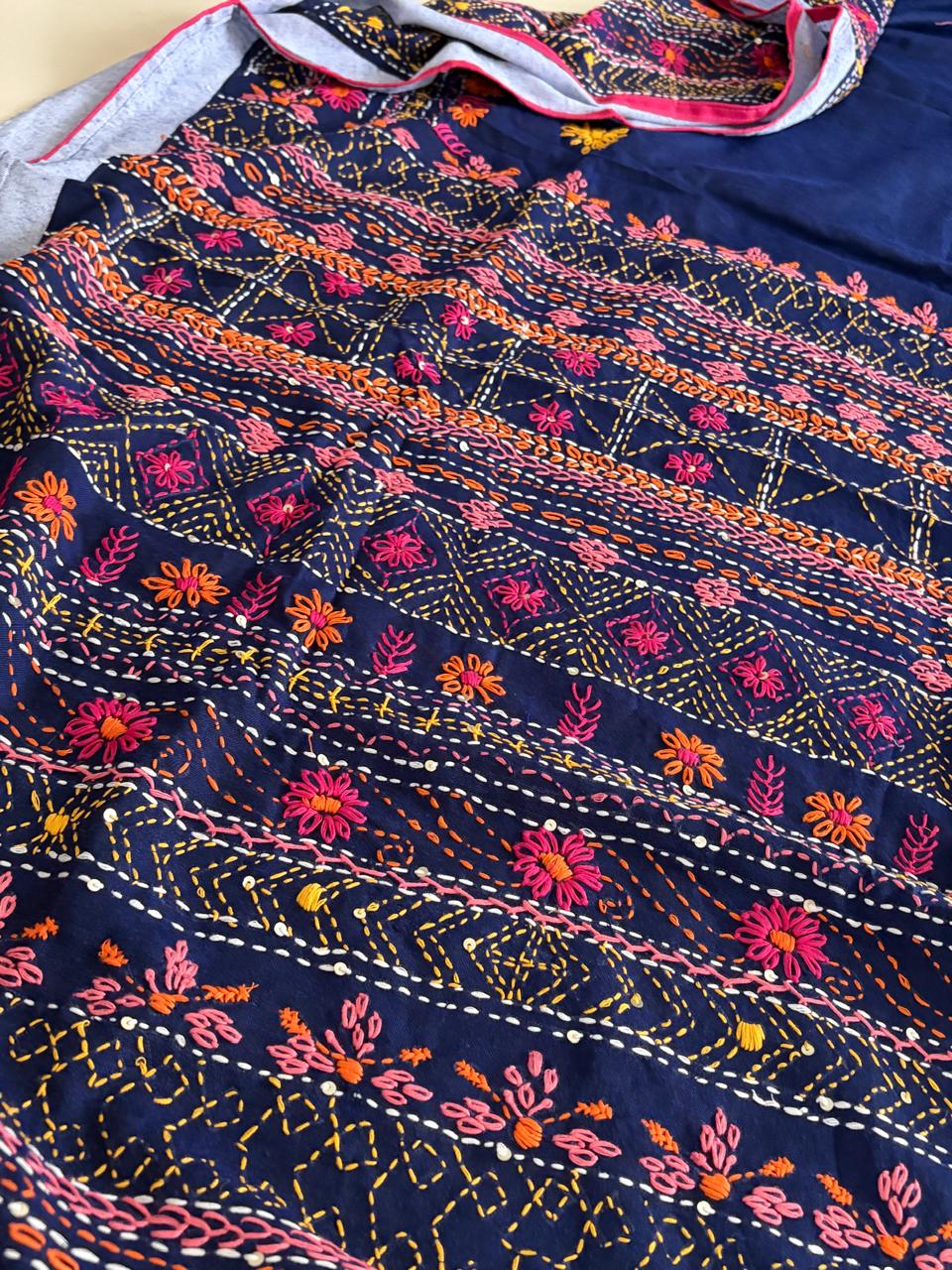 100 Cotton Lambani Inspired Embroidered Saree Navy Blue