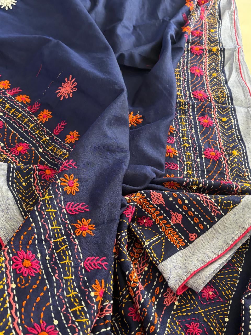 100 Cotton Lambani Inspired Embroidered Saree Navy Blue