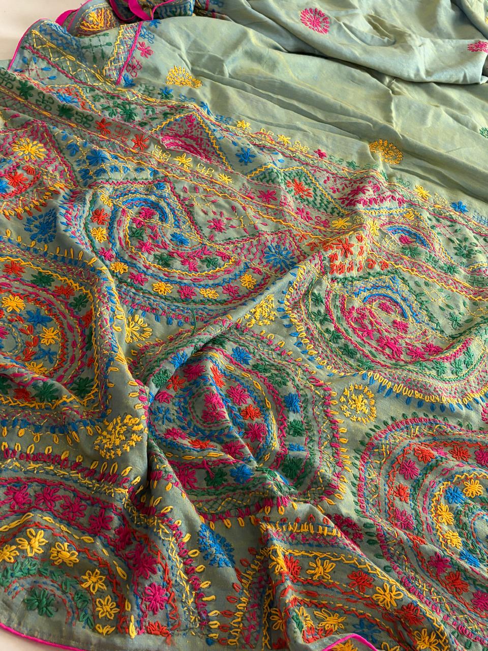 100 Cotton Lambani Inspired Embroidered Saree Sea Green