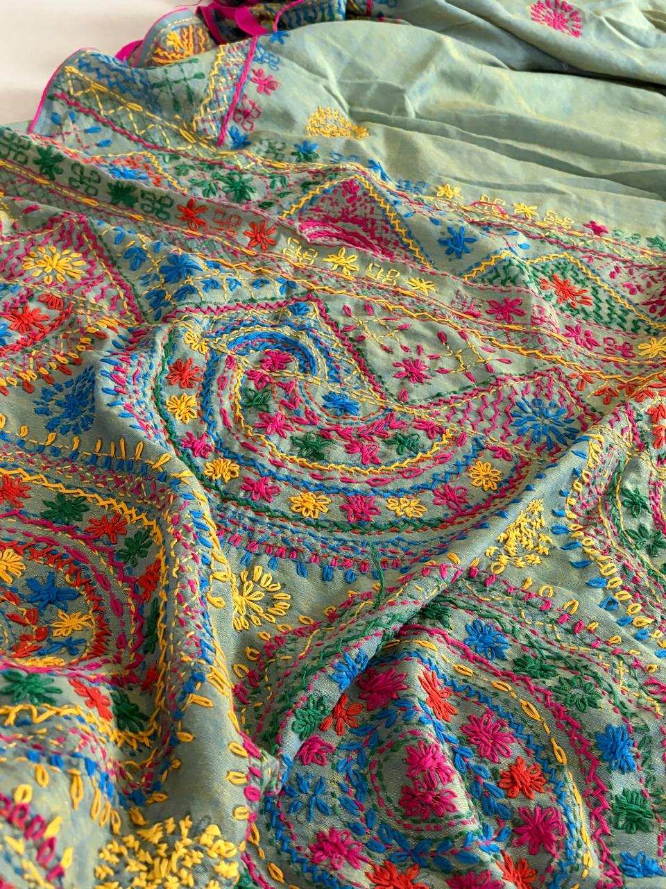 100 Cotton Lambani Inspired Embroidered Saree Sea Green