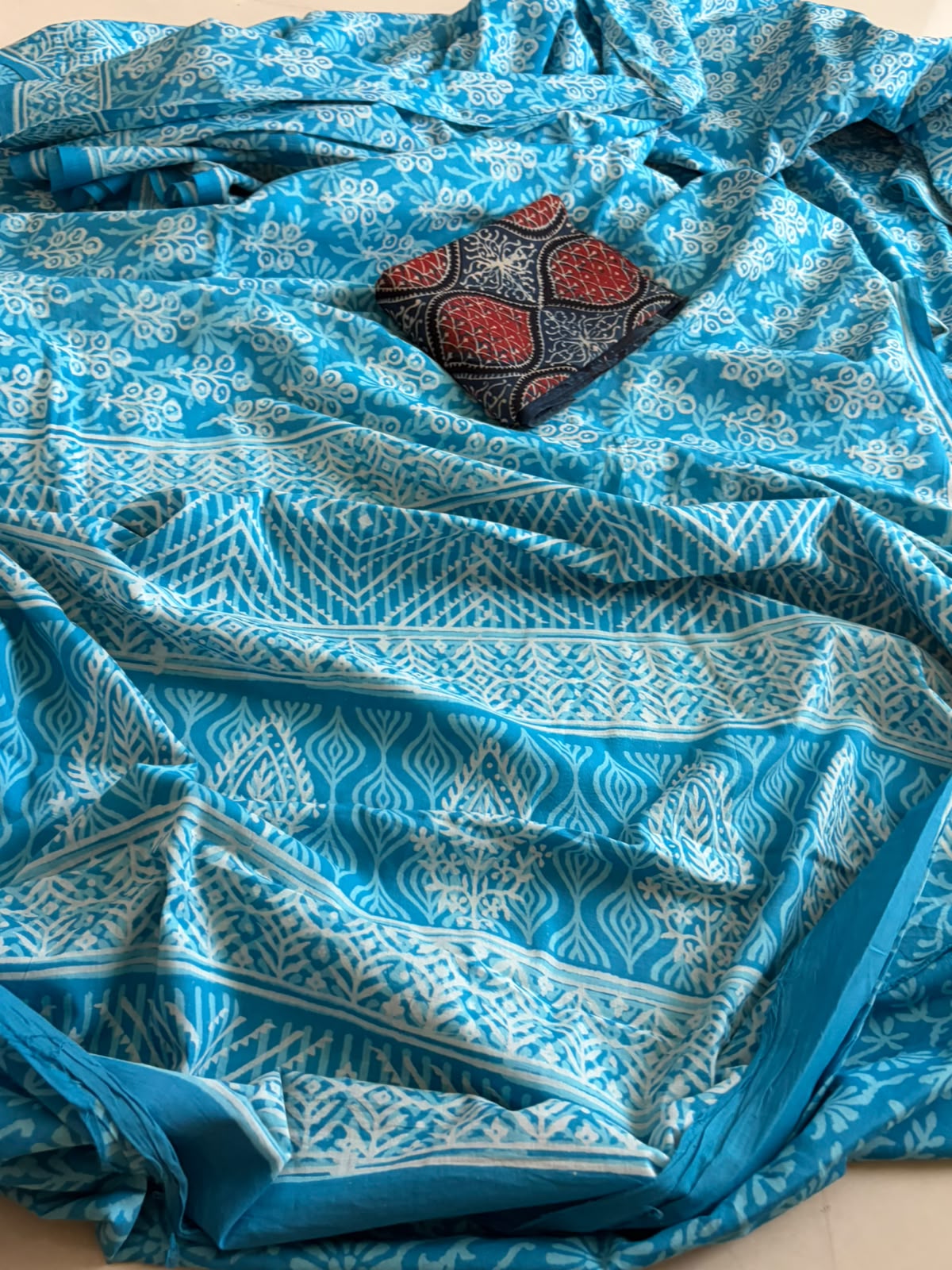 Pure Mul cotton Handblock Printed Saree with complimentary AJRAKH blouse - Sky Blue
