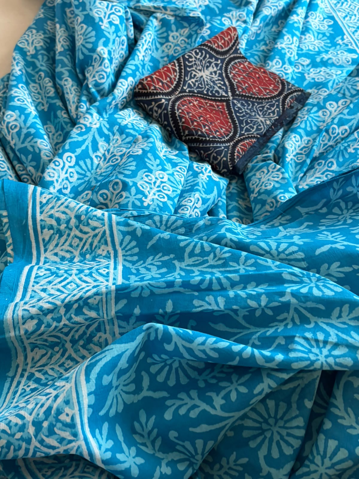 Pure Mul cotton Handblock Printed Saree with complimentary AJRAKH blouse - Sky Blue
