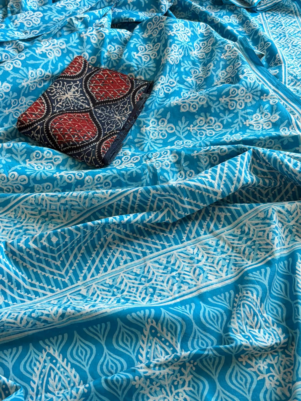 Pure Mul cotton Handblock Printed Saree with complimentary AJRAKH blouse - Sky Blue
