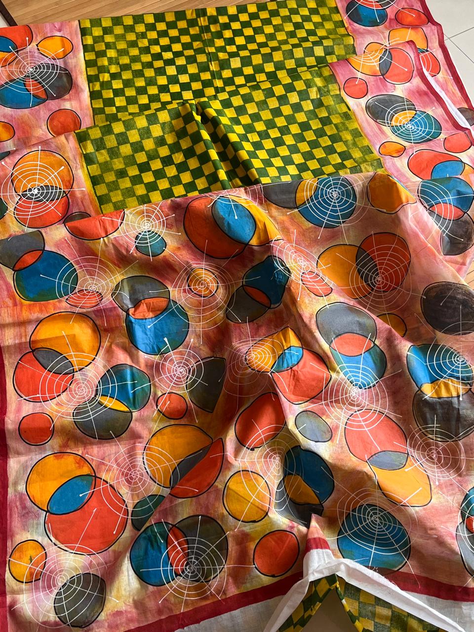 Pure Cotton Handwoven Saree with Handpaint - Durga Pooja Special