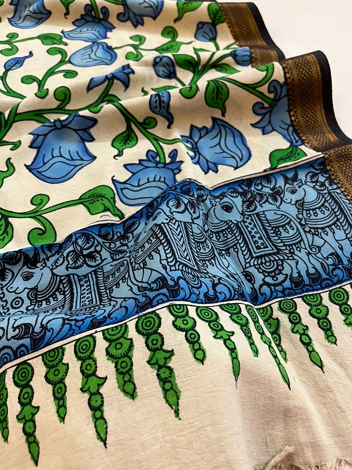 Pure Mangalgiri Cotton Kalamkari Handpainted Dupatta- Beige With Blue