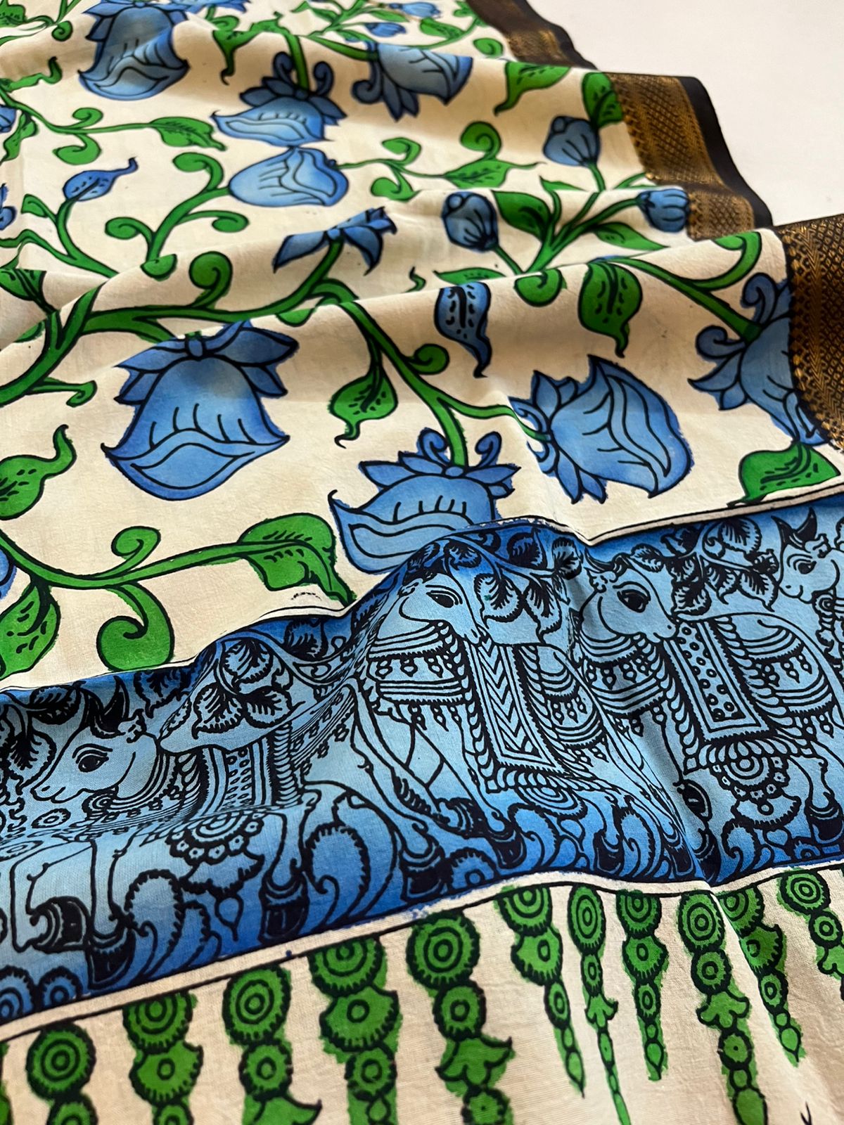 Pure Mangalgiri Cotton Kalamkari Handpainted Dupatta- Beige With Blue