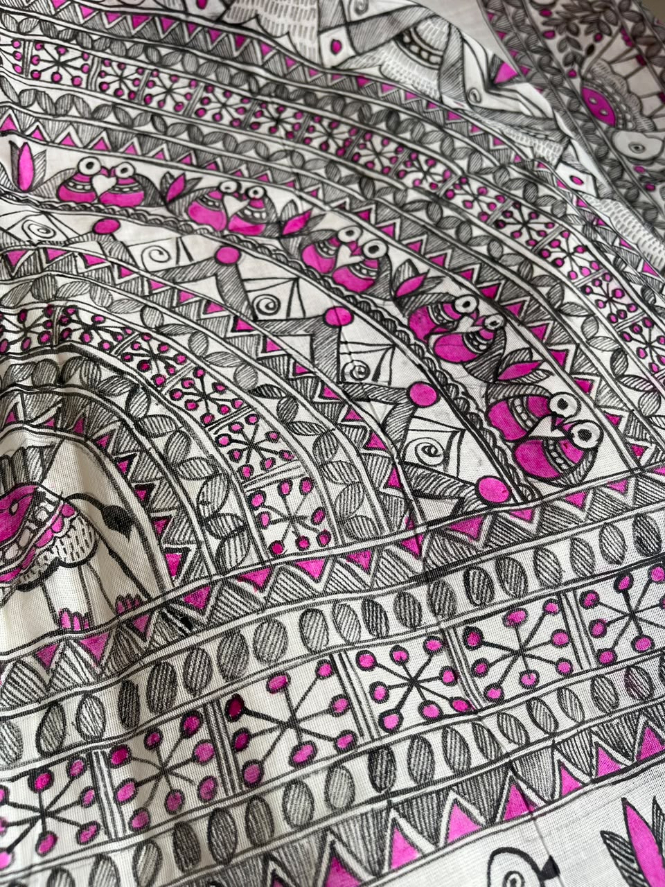 Madhubani Handpainted Fusion Kasavu Cotton Saree - Off White