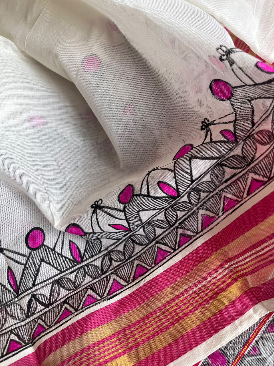 Madhubani Handpainted Fusion Kasavu Cotton Saree - Off White