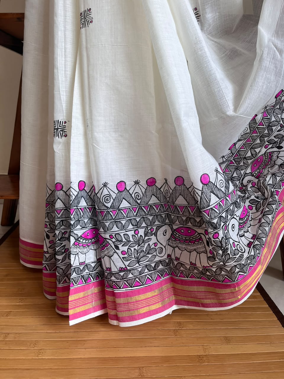 Madhubani Handpainted Fusion Kasavu Cotton Saree - Off White