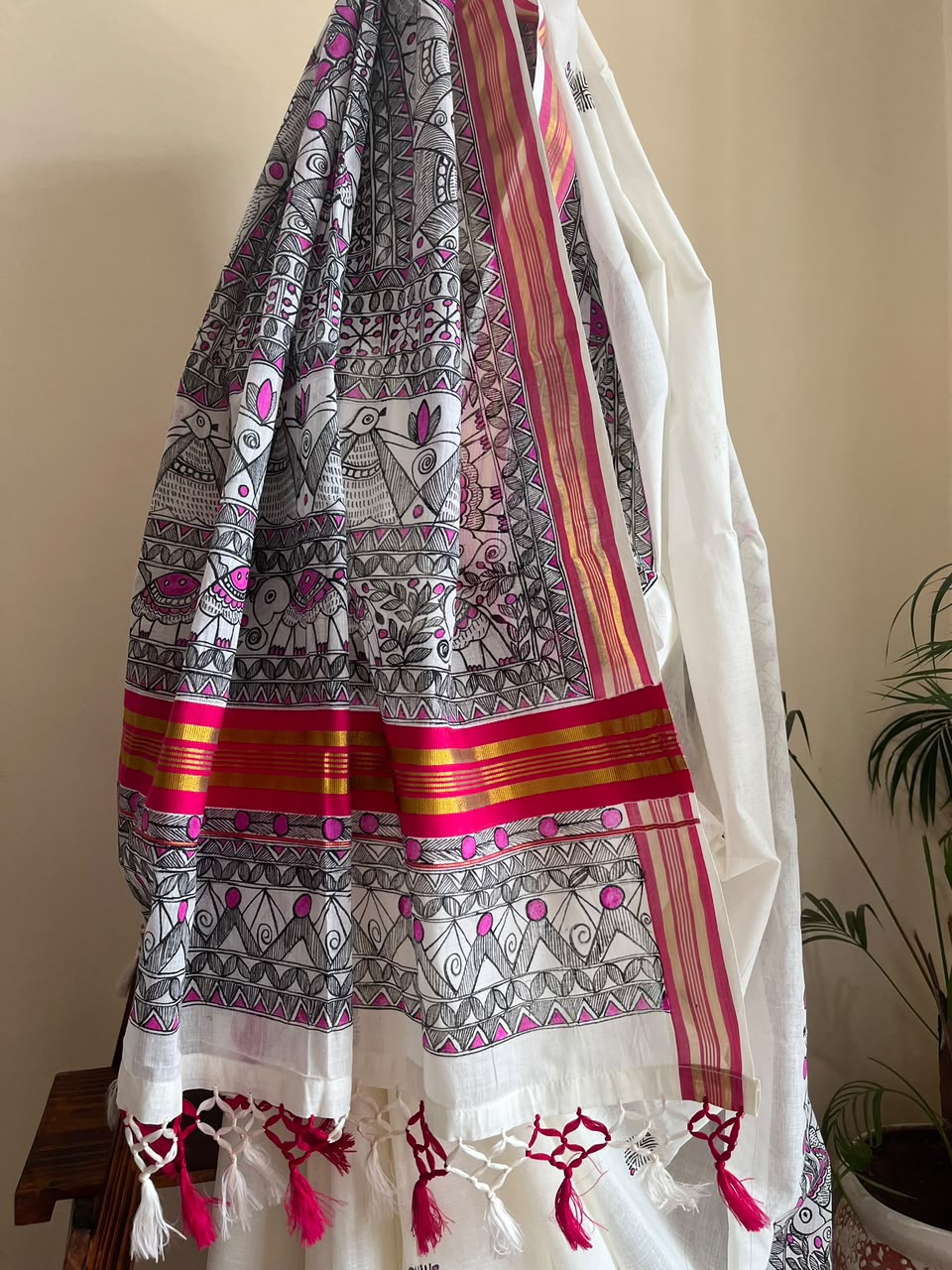 Madhubani Handpainted Fusion Kasavu Cotton Saree - Off White
