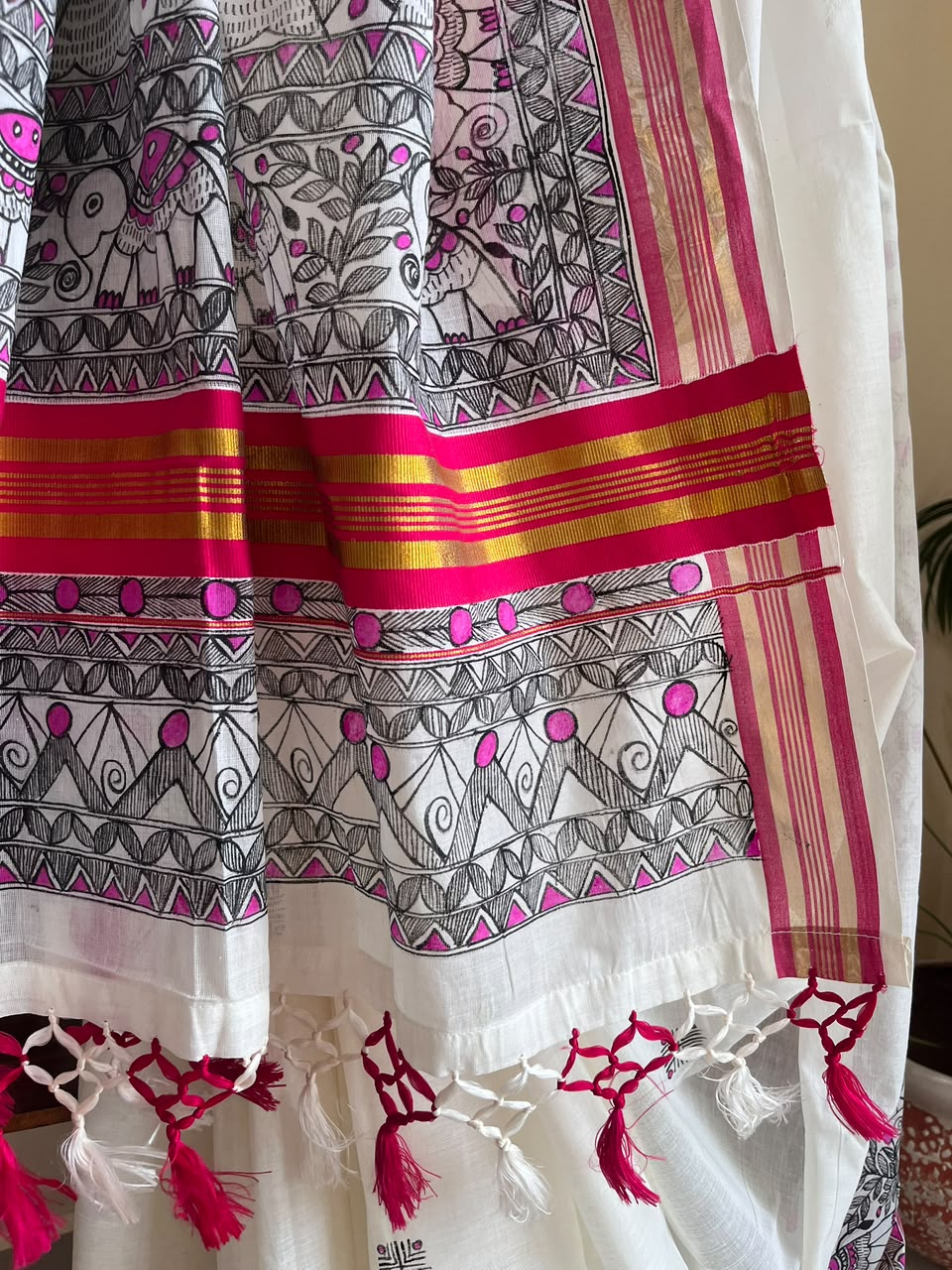 Madhubani Handpainted Fusion Kasavu Cotton Saree - Off White