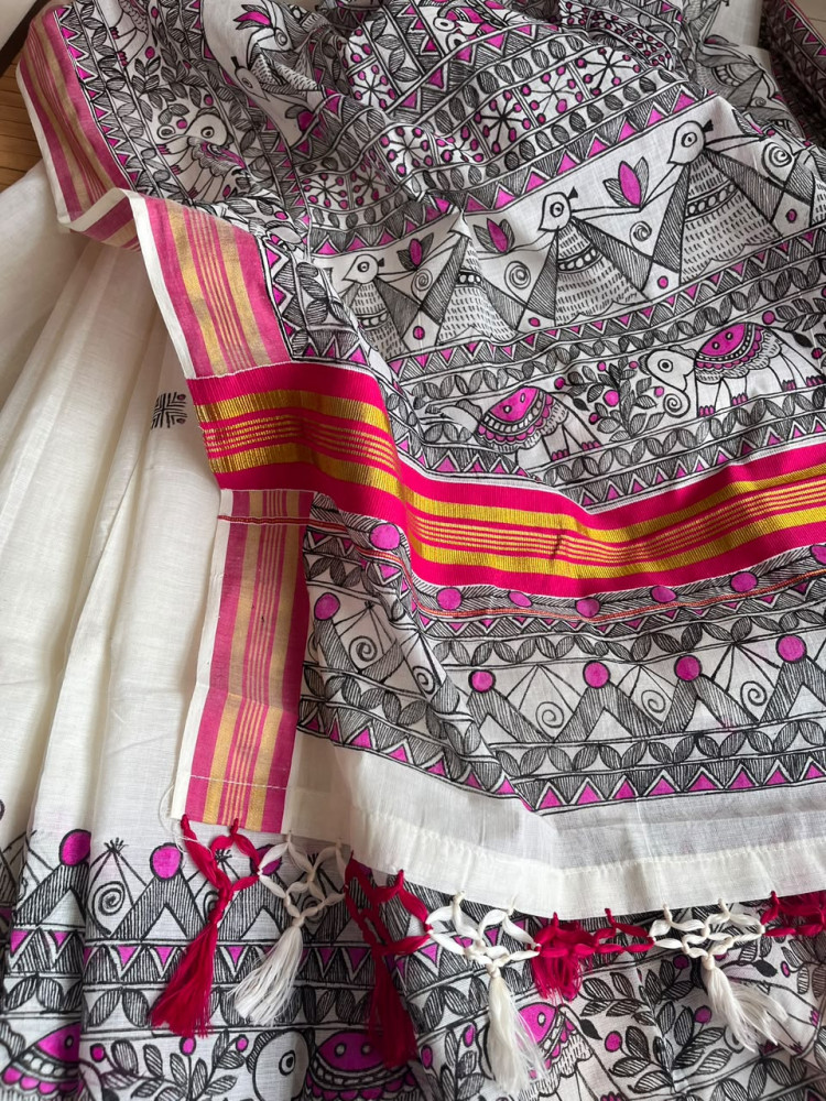 Image of Madhubani Handpainted Fusion Kasavu Cotton Saree - Off White