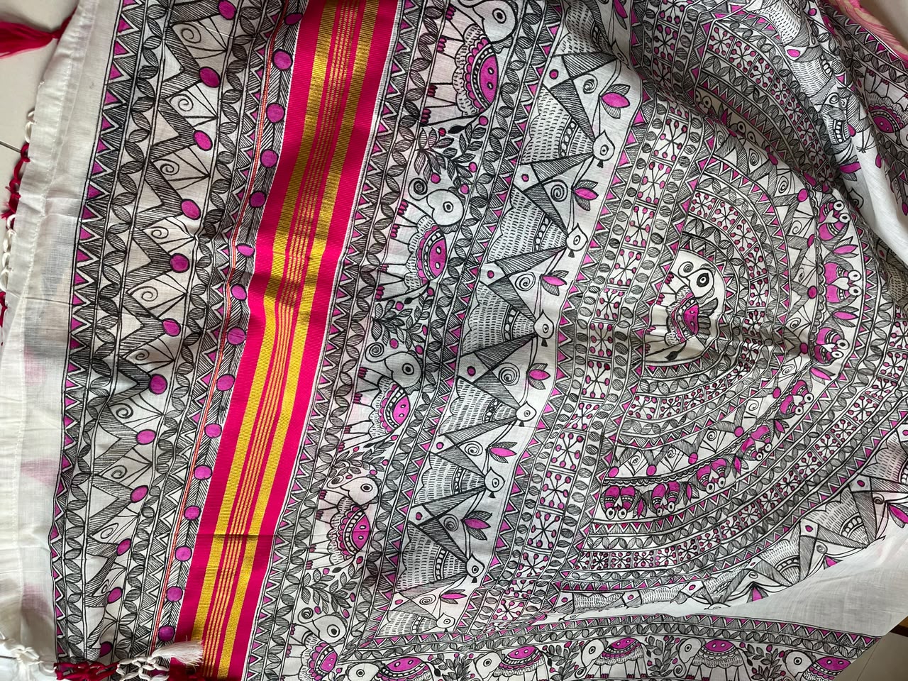 Madhubani Handpainted Fusion Kasavu Cotton Saree - Off White
