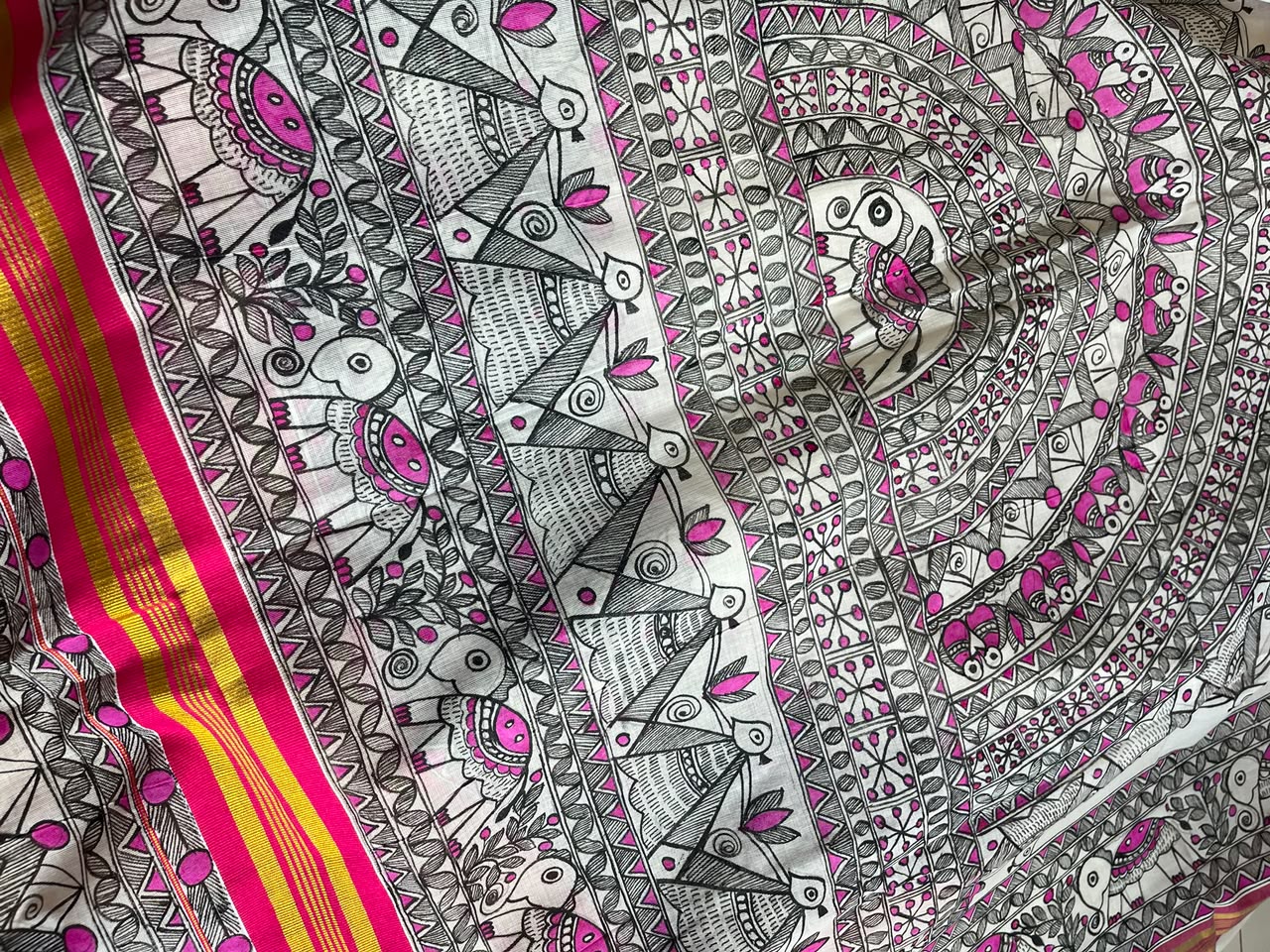 Madhubani Handpainted Fusion Kasavu Cotton Saree - Off White