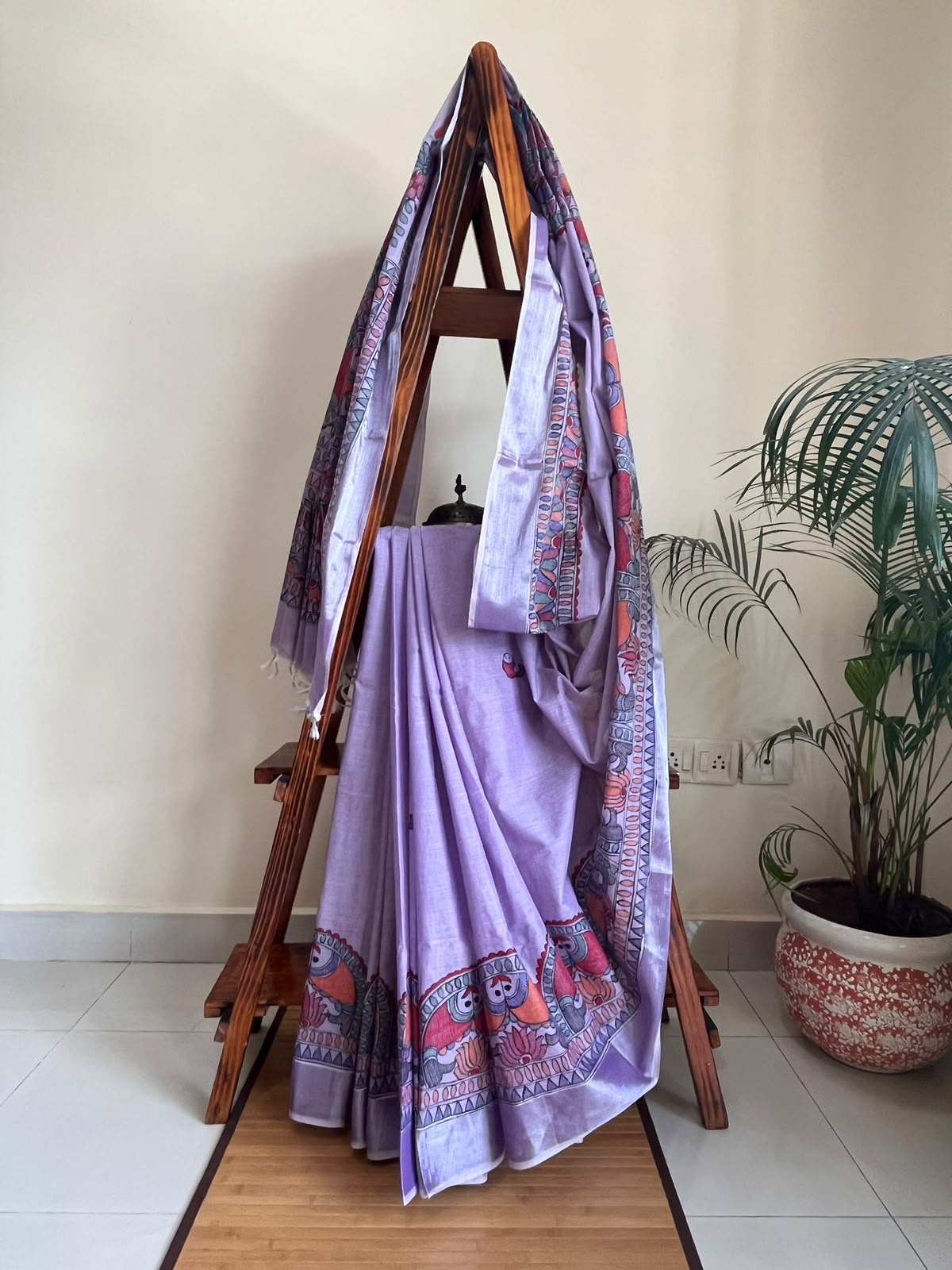 Madhubani Handpainted Fusion Kasavu Cotton Saree - Lavendar