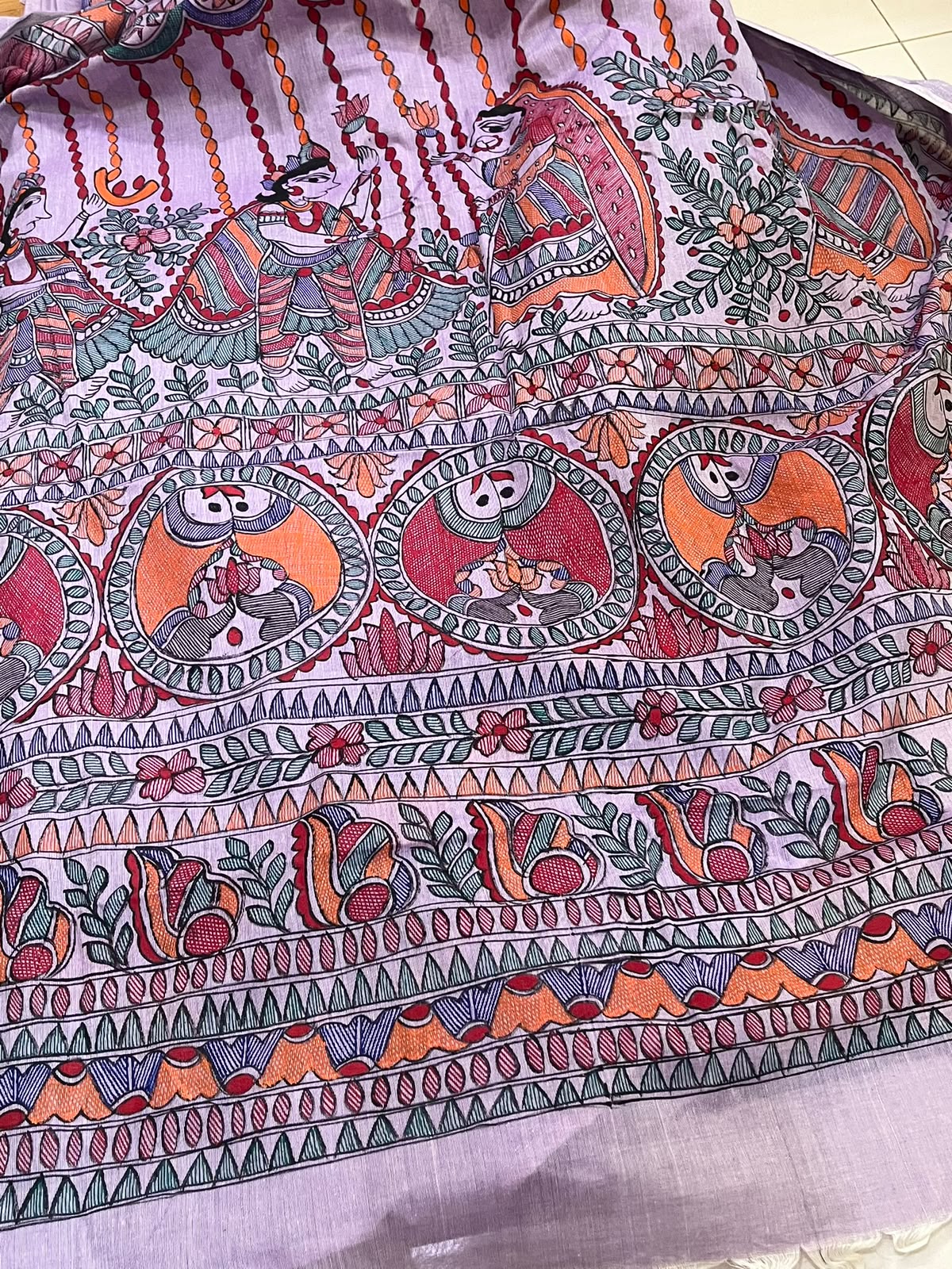 Madhubani Handpainted Fusion Kasavu Cotton Saree - Lavendar