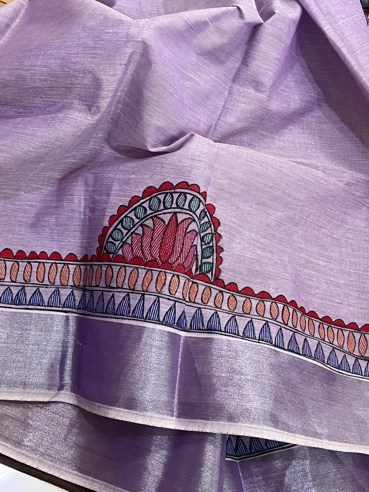 Madhubani Handpainted Fusion Kasavu Cotton Saree - Lavendar