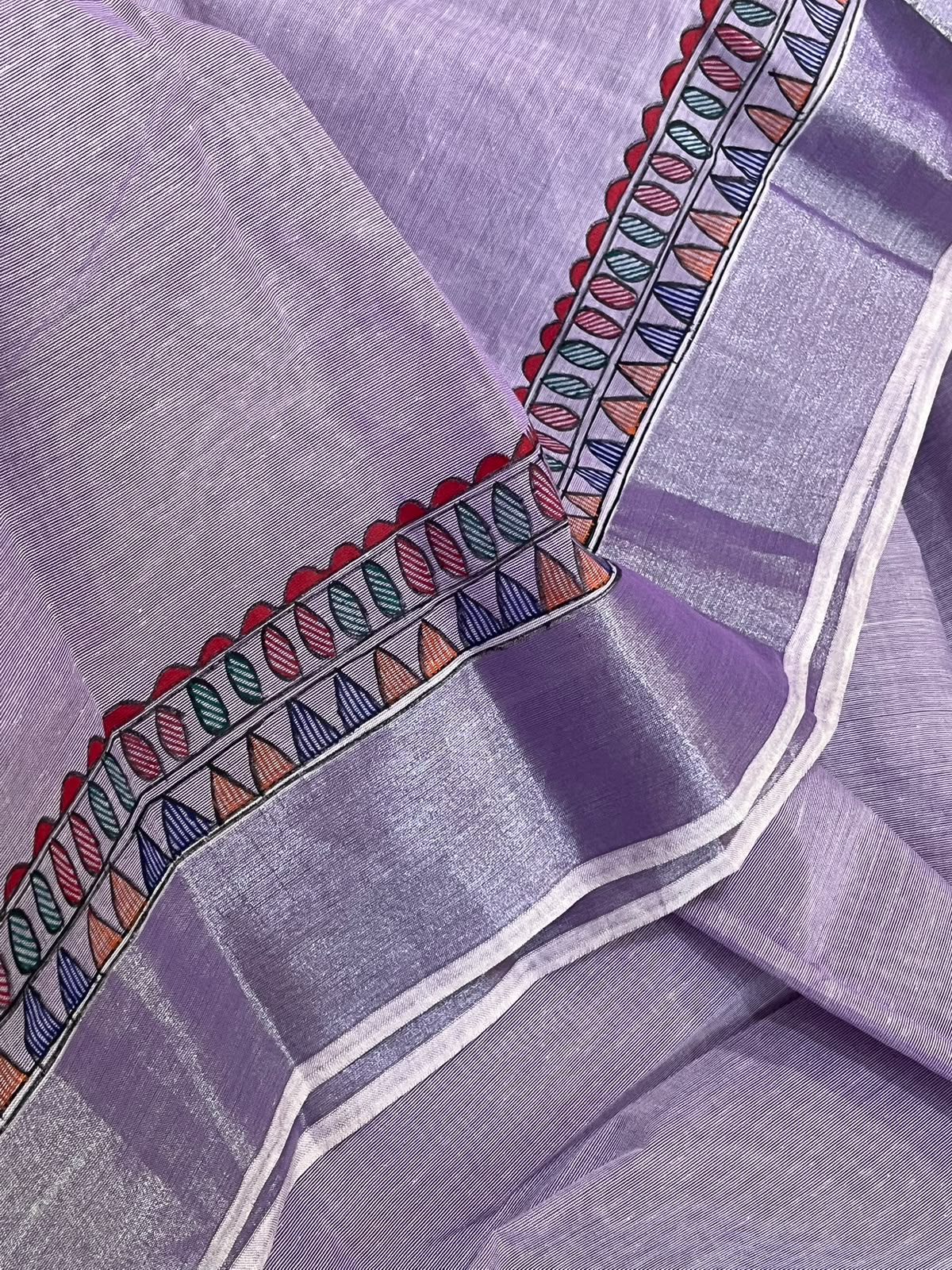 Madhubani Handpainted Fusion Kasavu Cotton Saree - Lavendar