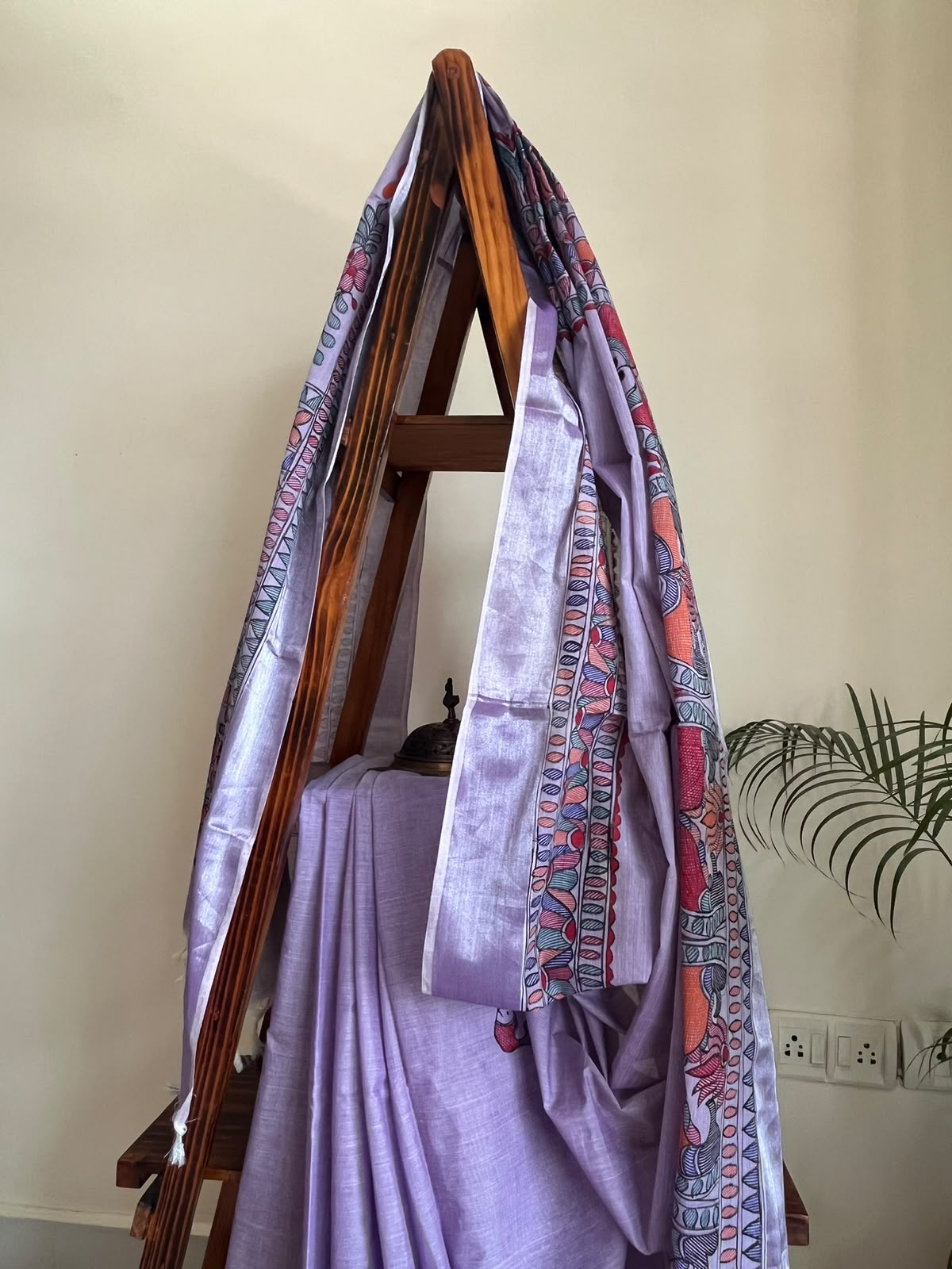 Madhubani Handpainted Fusion Kasavu Cotton Saree - Lavendar