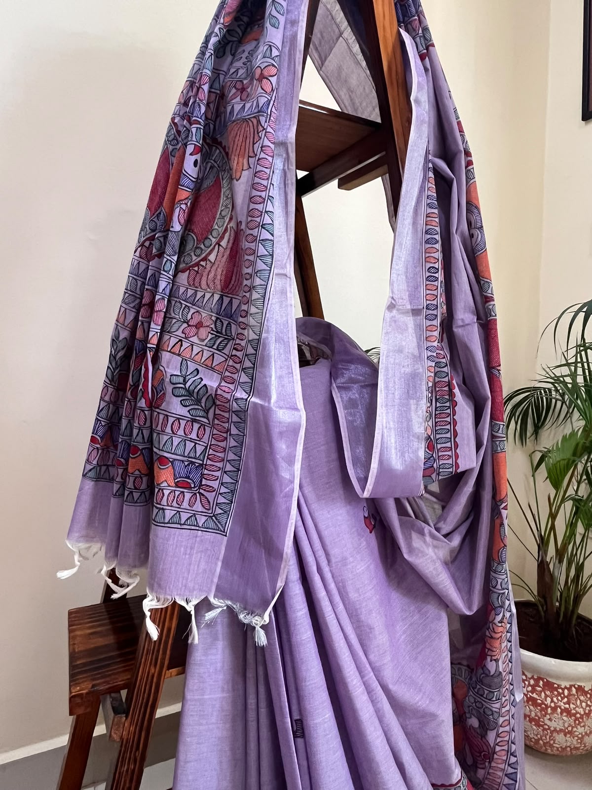 Madhubani Handpainted Fusion Kasavu Cotton Saree - Lavendar
