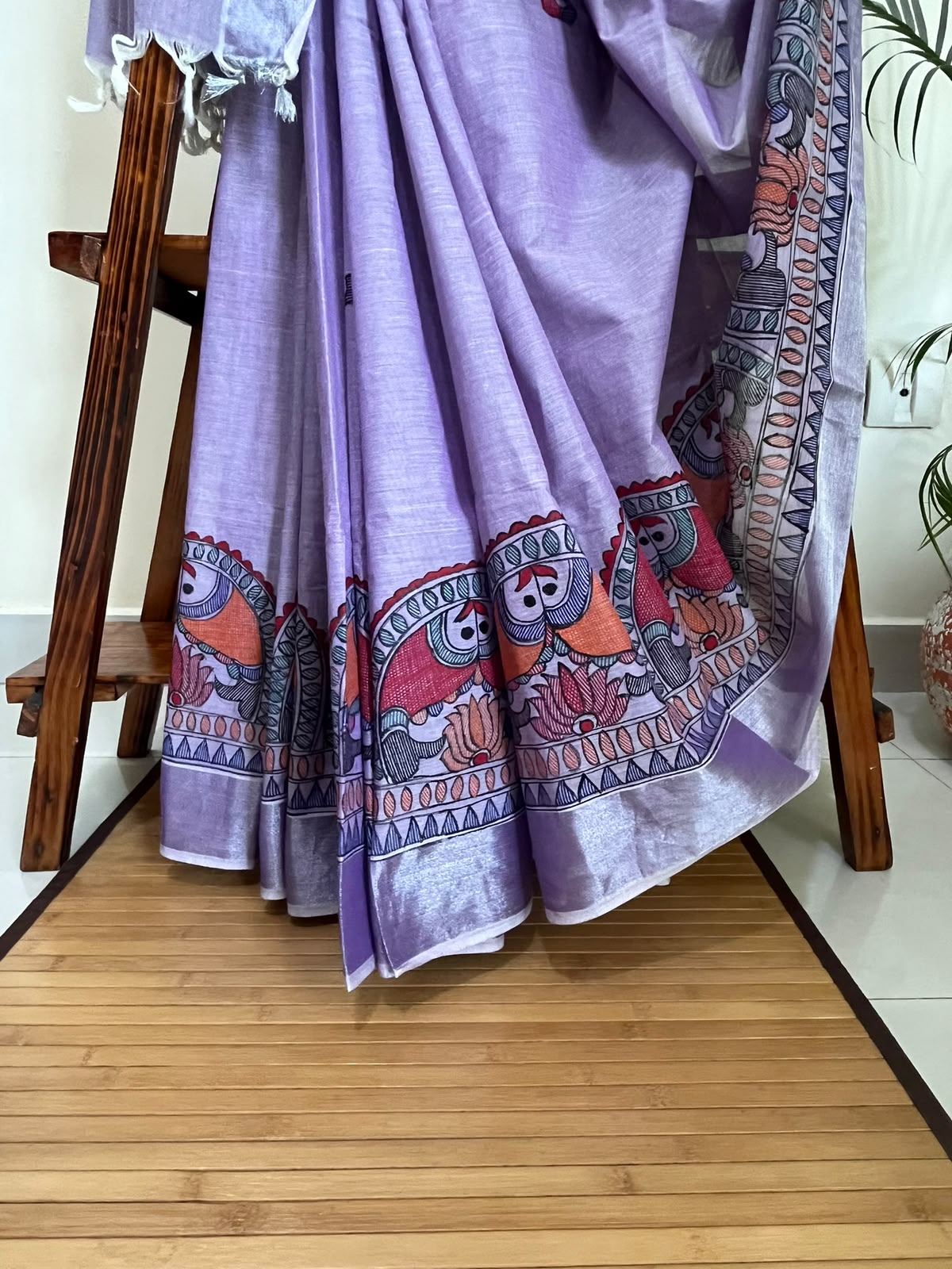 Madhubani Handpainted Fusion Kasavu Cotton Saree - Lavendar