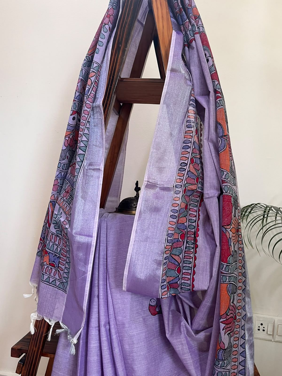 Madhubani Handpainted Fusion Kasavu Cotton Saree - Lavendar