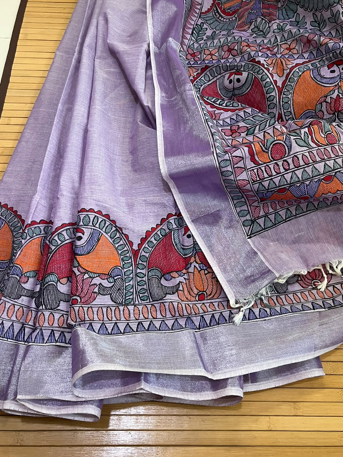 Madhubani Handpainted Fusion Kasavu Cotton Saree - Lavendar