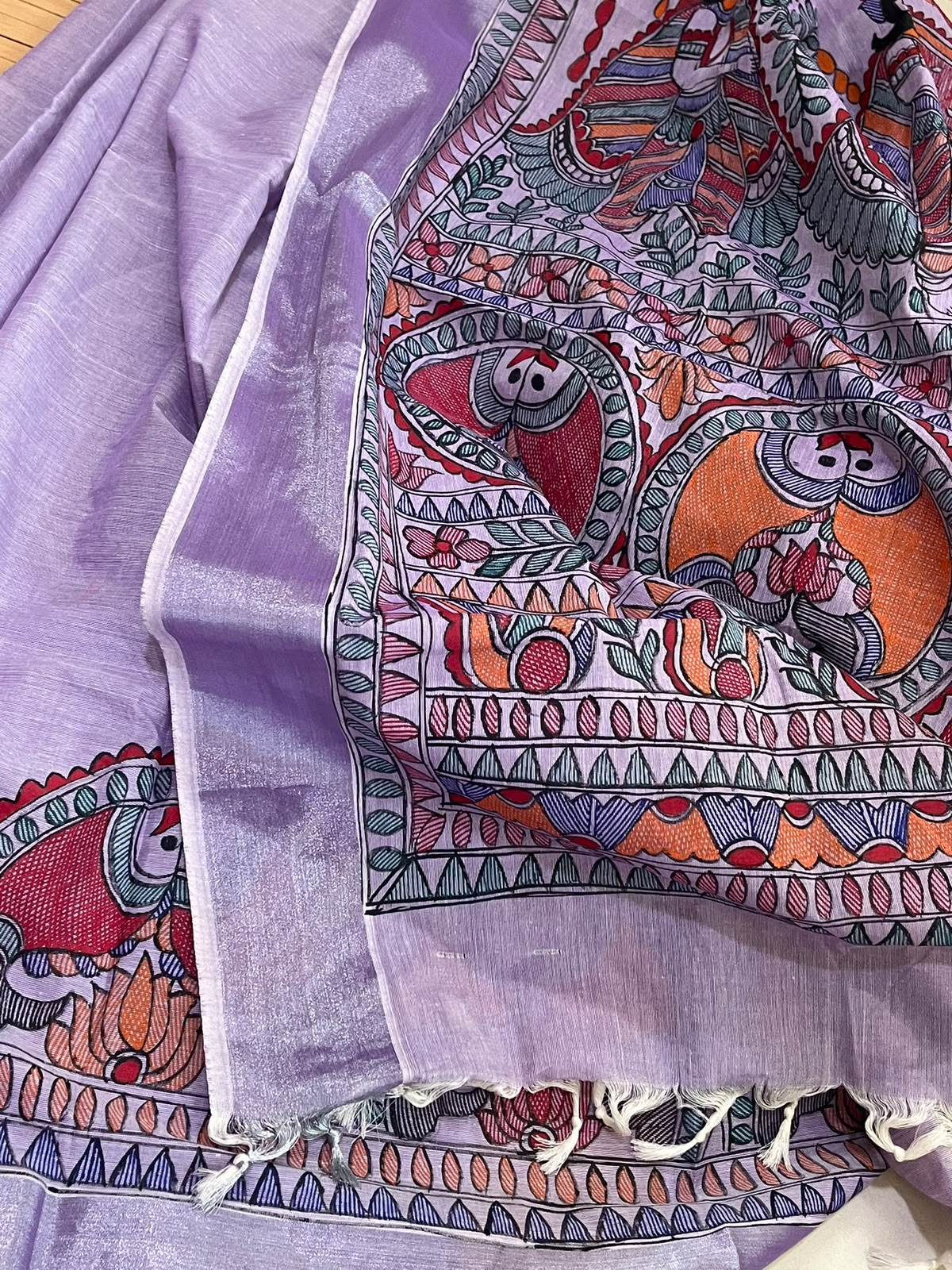 Madhubani Handpainted Fusion Kasavu Cotton Saree - Lavendar