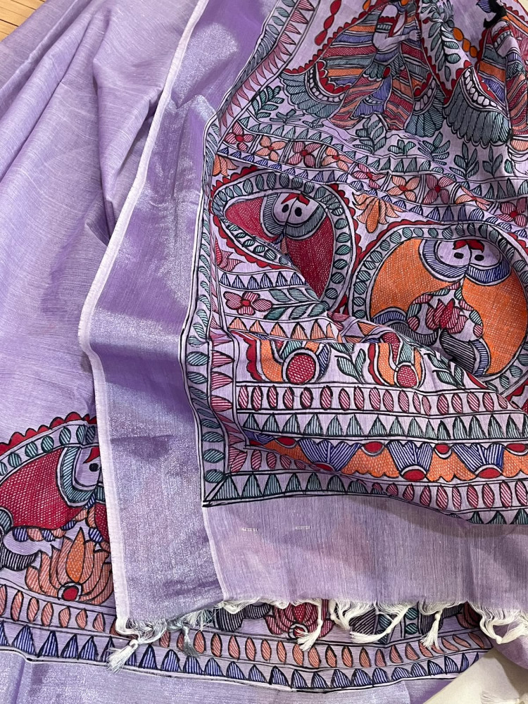 Image of Madhubani Handpainted Fusion Kasavu Cotton Saree - Lavendar