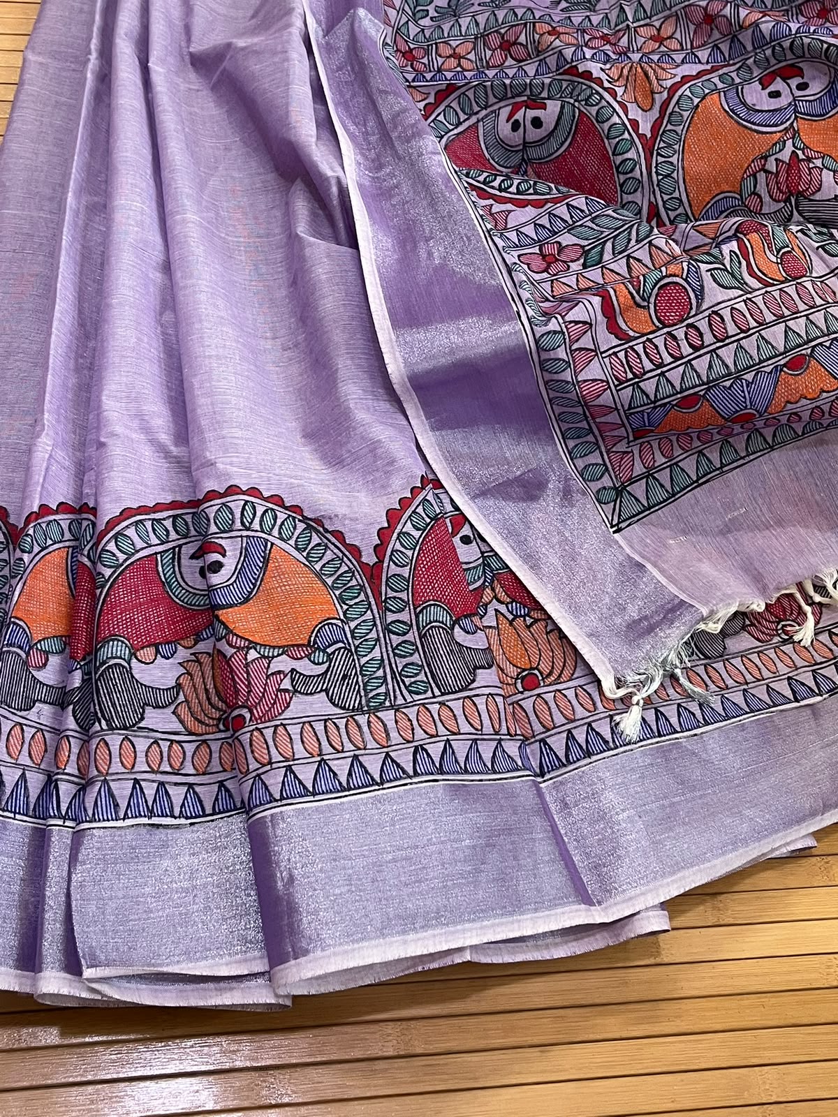 Madhubani Handpainted Fusion Kasavu Cotton Saree - Lavendar