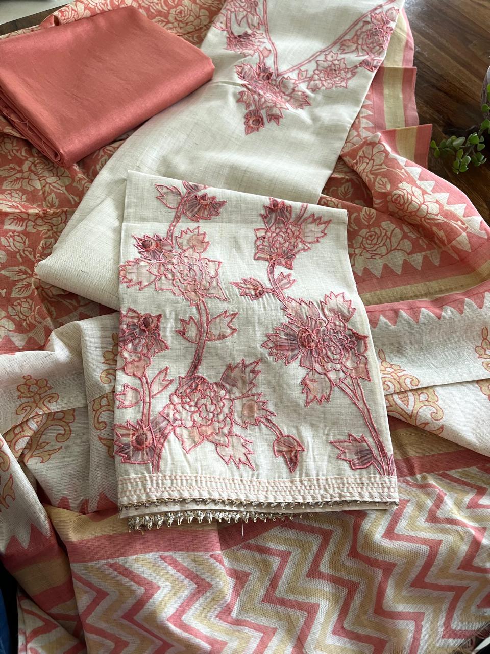 Cotton Linen 3-Piece Suit Blush Gajari with Appliqu Block Printed Dupatta