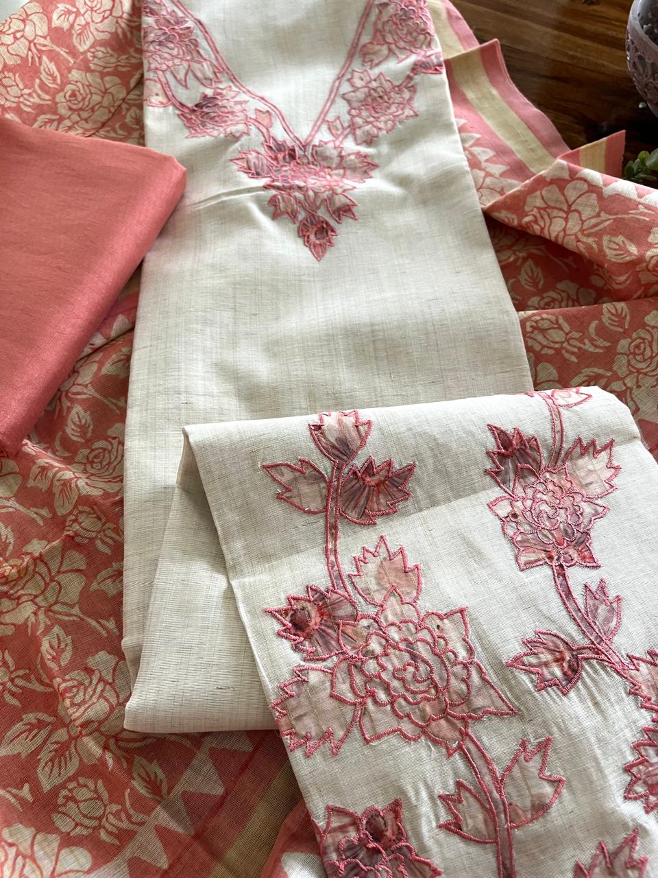 Cotton Linen 3-Piece Suit Blush Gajari with Appliqu Block Printed Dupatta
