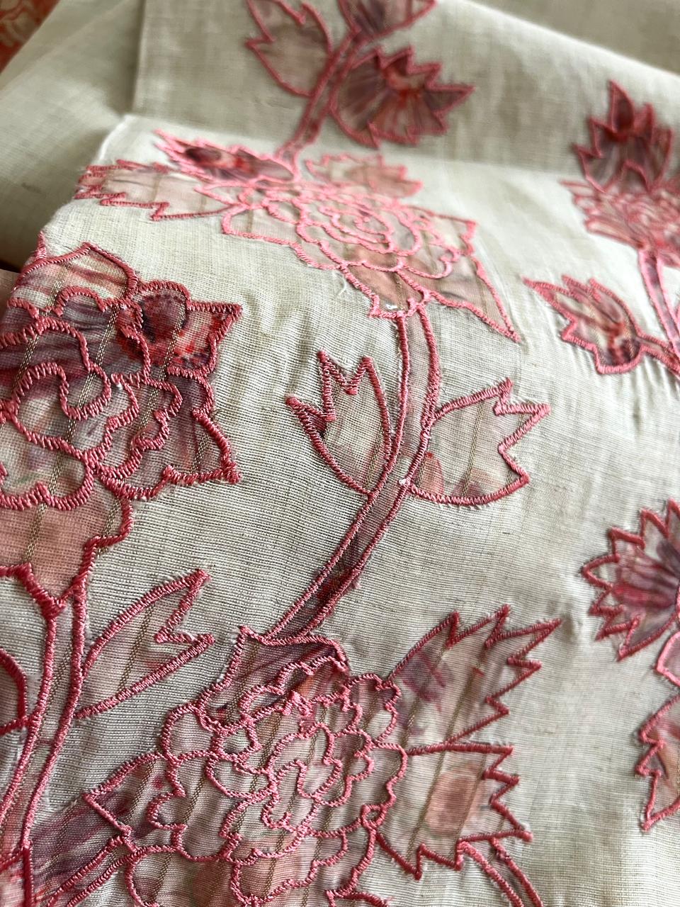 Cotton Linen 3-Piece Suit Blush Gajari with Appliqu Block Printed Dupatta