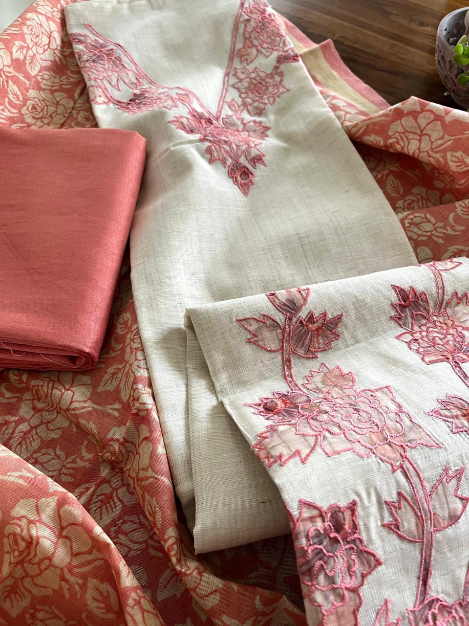 Cotton Linen 3-Piece Suit Blush Gajari with Appliqu Block Printed Dupatta