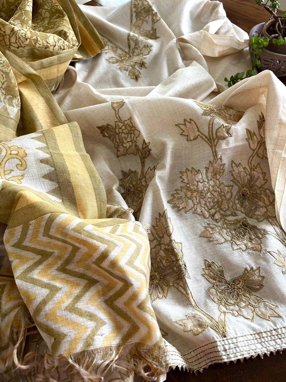 Cotton Linen 3-Piece Suit Olive Green with Appliqu Block Printed Dupatta