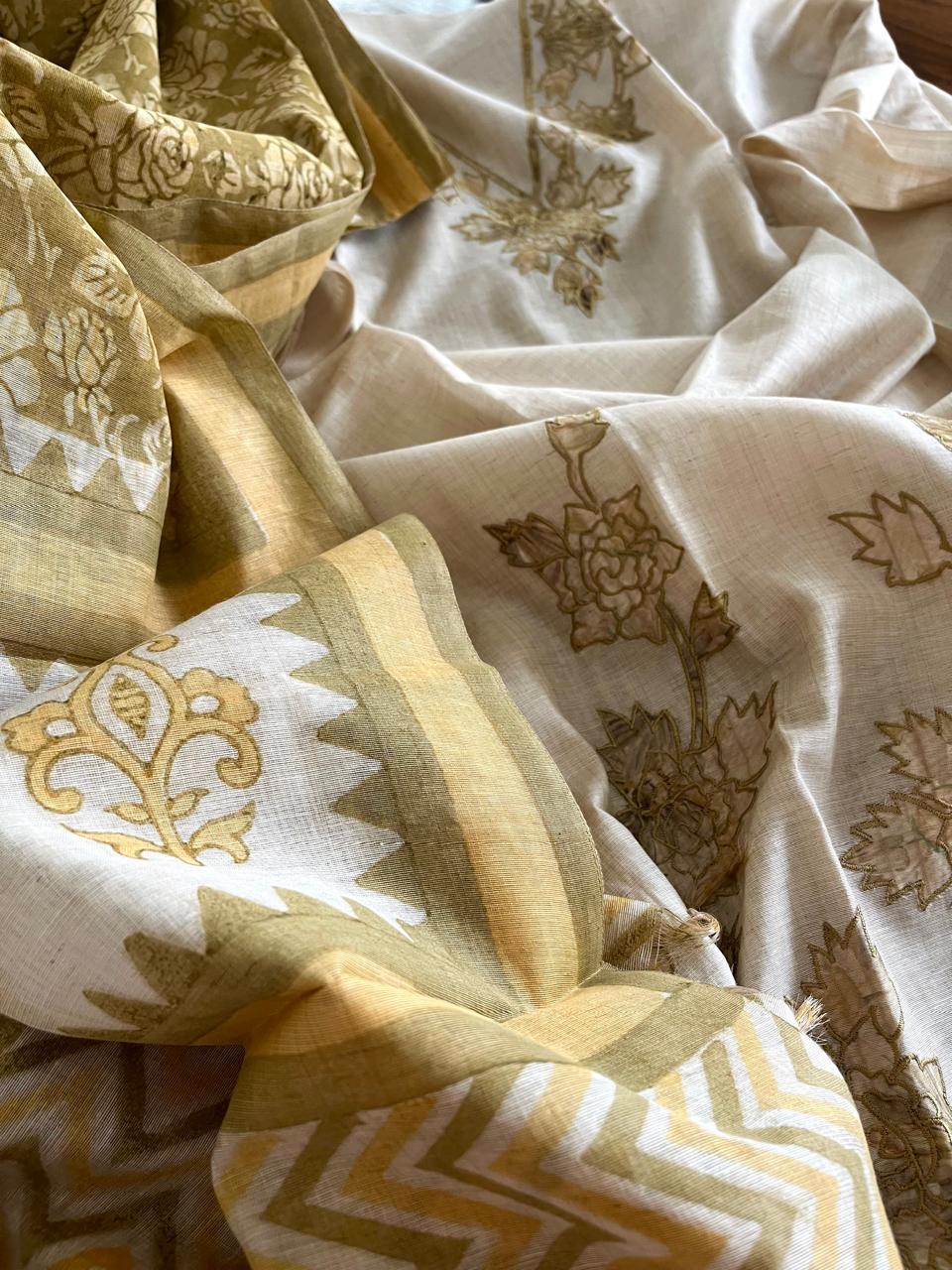 Cotton Linen 3-Piece Suit Olive Green with Appliqu Block Printed Dupatta